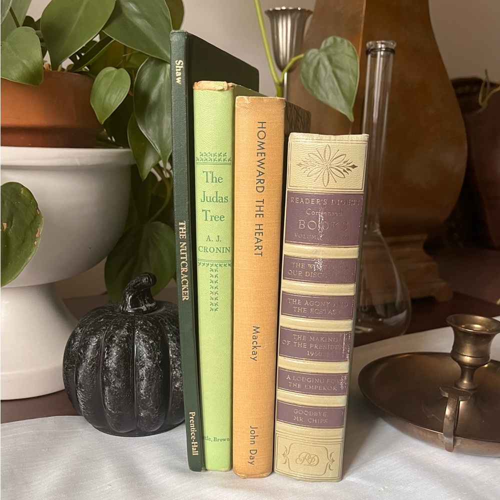 Curated Book Stack Set Decorative Vintage Hardcover Shelf Filler Green Tan Warm